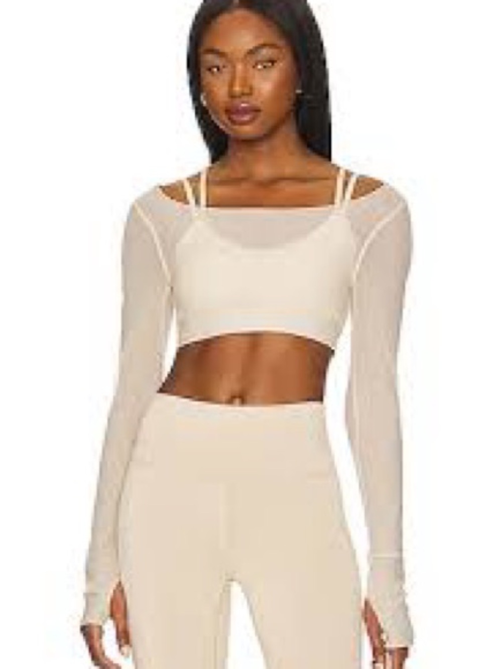 ALO Yoga Cream Long-Sleeve Mesh Strap Crop Top